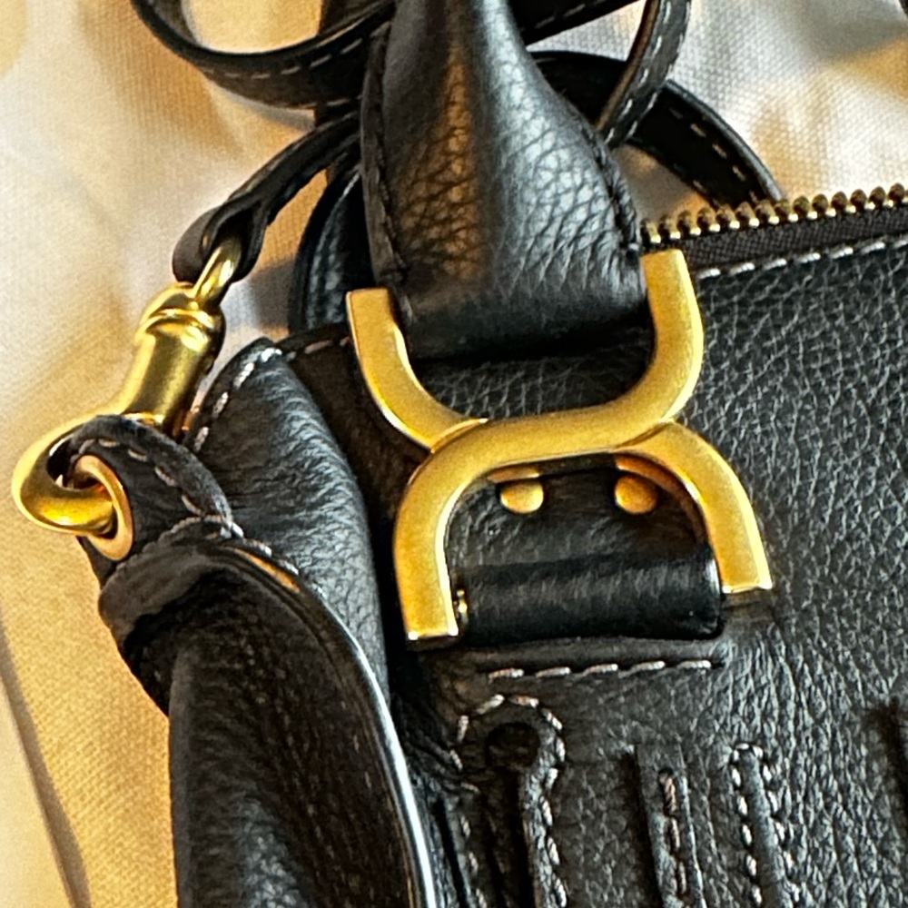 Chloe Small Marcie Leather Satchel Black Crossbody Bag with Gold Accents - Picture 13 of 16